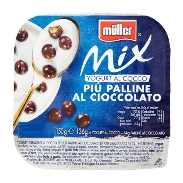 Müller Mix yogurt al cocco e palline al cioccolato gr. 150 Spesa online da  Palermo verso tutta Italia